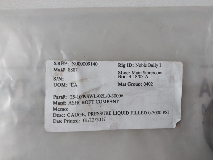 Ashcroft 25-1009Swl-02L/0-3000 Pressure Gauge