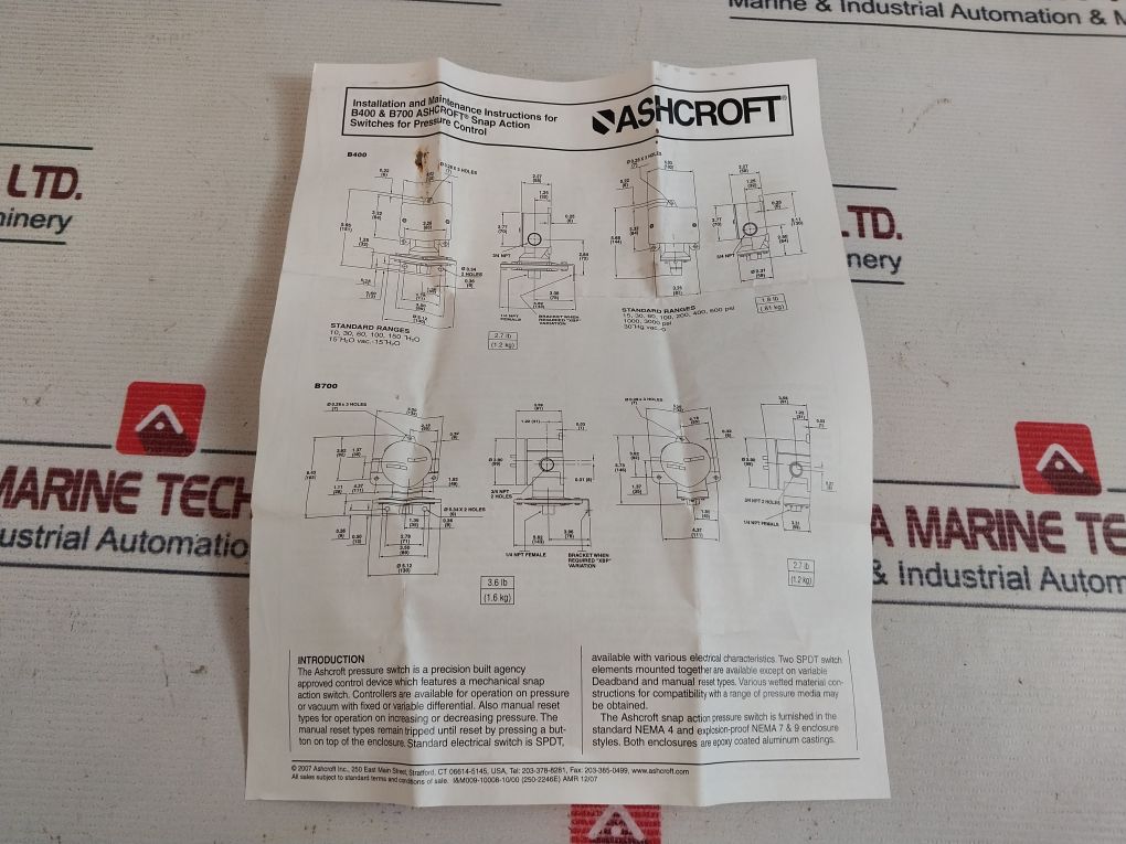 Ashcroft B424V Xfm Pressure Switch 125/250/480Vac 1/2A 125Vdc