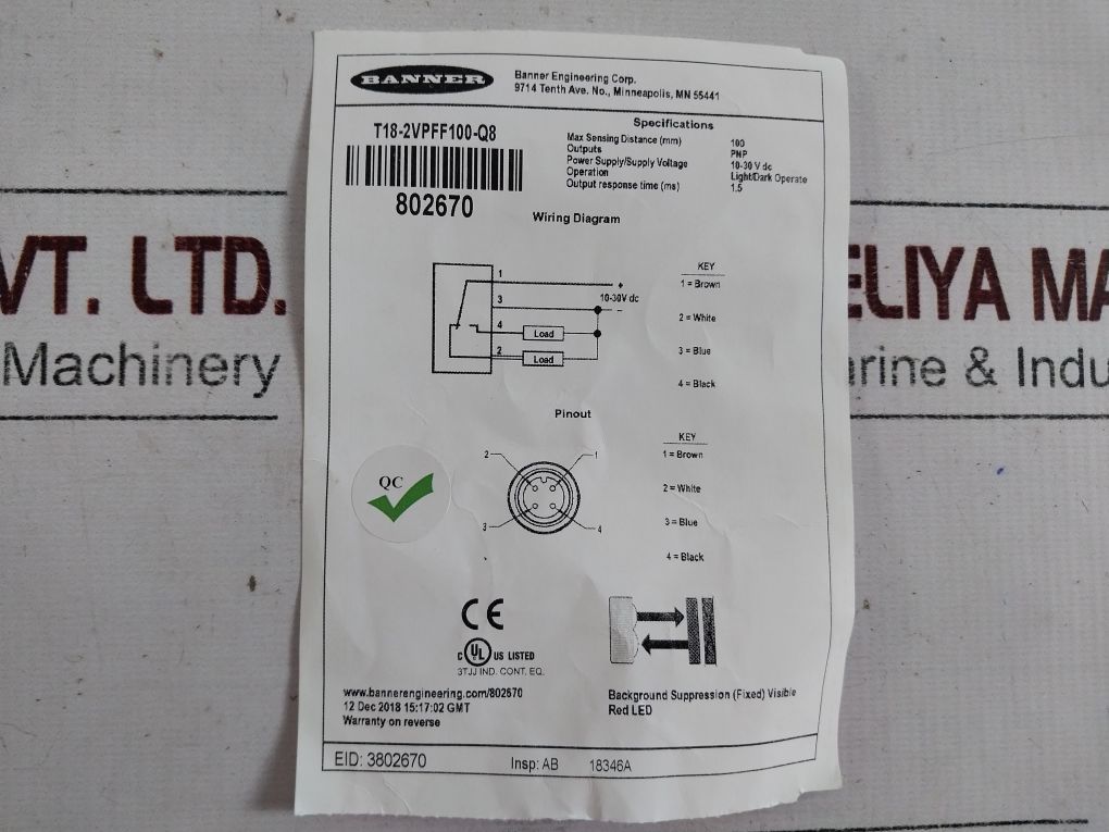 Banner T18-2Vpff100-q8 Washdown Sensor