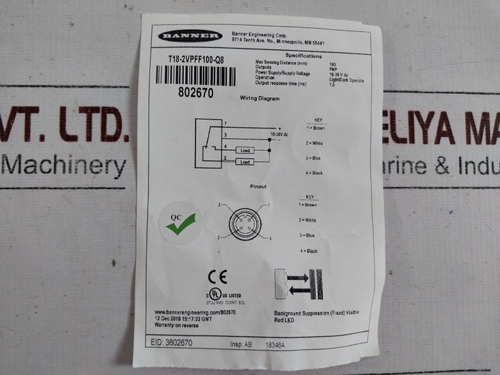 Banner T18-2Vpff100-q8 Washdown Sensor
