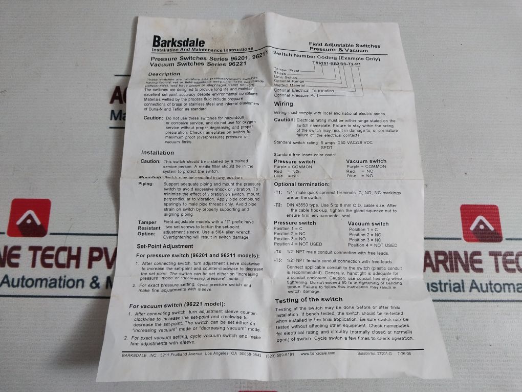 Barksdale 96201-bb2-t4 Pressure Switch
