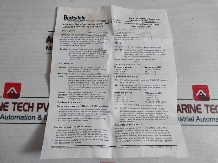 Barksdale 96201-bb2-t4 Pressure Switch