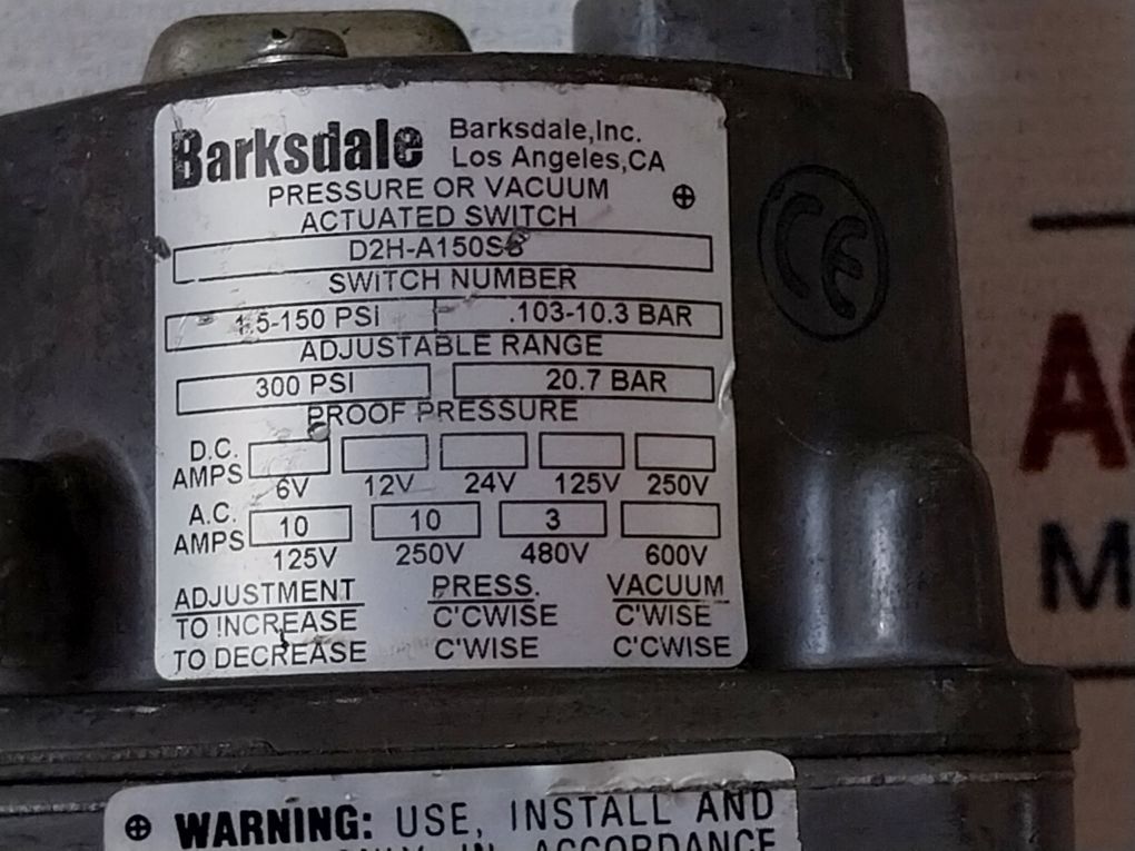Barksdale D2H-a150Ss Vacuum Actuated Switch