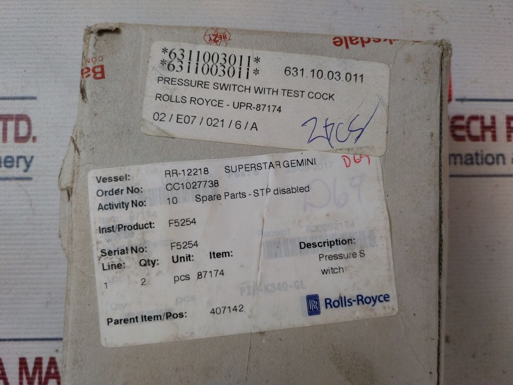 Barksdale P1H-k340-gl Pressure Switch With Test Cock