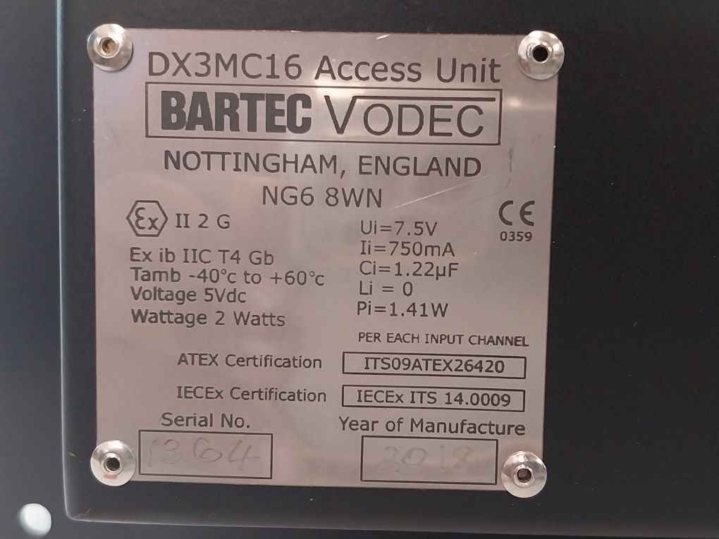 Bartec Vodec Dx3Mc16 Intercom Master Control Panel 82-05-11528