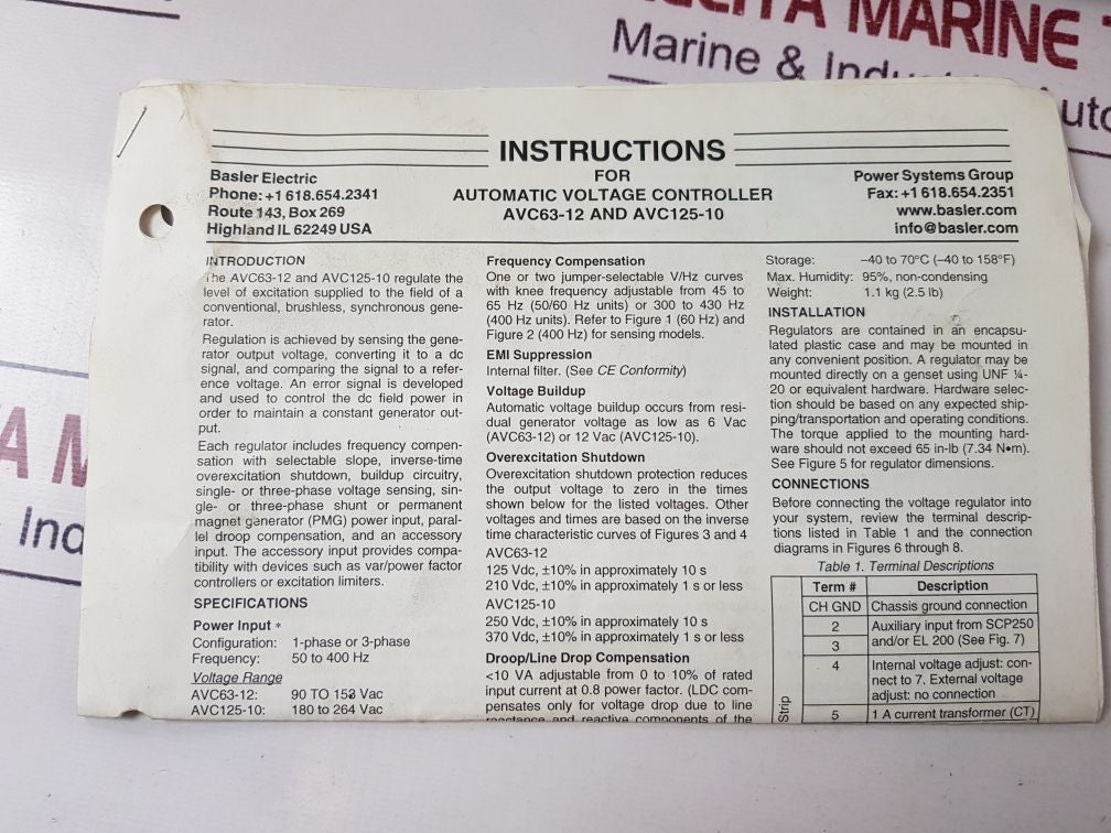 Basler Electric Avc63-12-a1 Analog Voltage Controller
