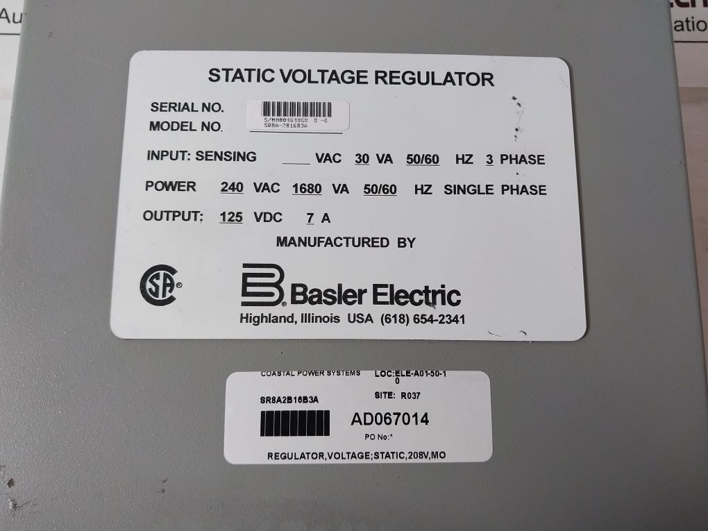 Basler Electric Sr8A-2B16B3A Static Voltage Regulator