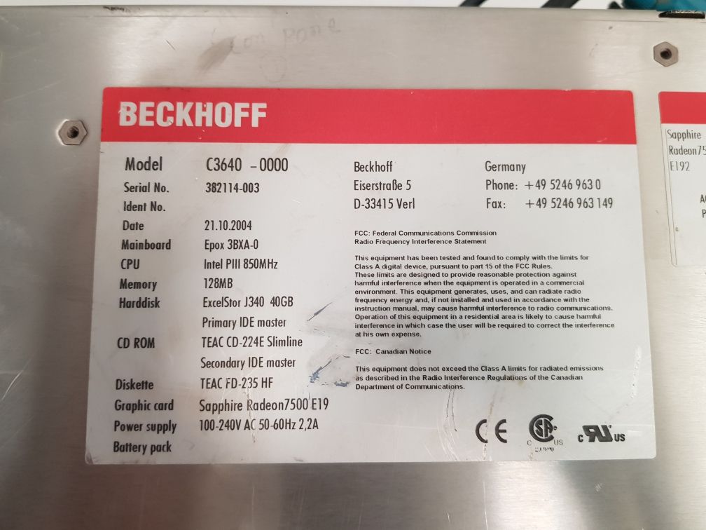 Beckhoff C3640-0000 Panel Industrial Pc 100/240V Ac
