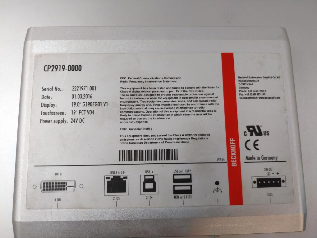 Beckhoff Cp2919-0000 Multitouch Built-in Control Panel 19” Pct V04 ...