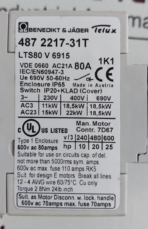 Benedikt & Jager 487 2217-31T Main Switch 4-pole