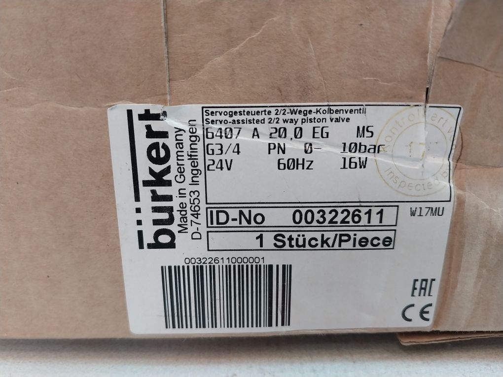 Burkert 6407 A 20,0 Eg Ms Servo-assisted 2/2 Way Piston Valve
