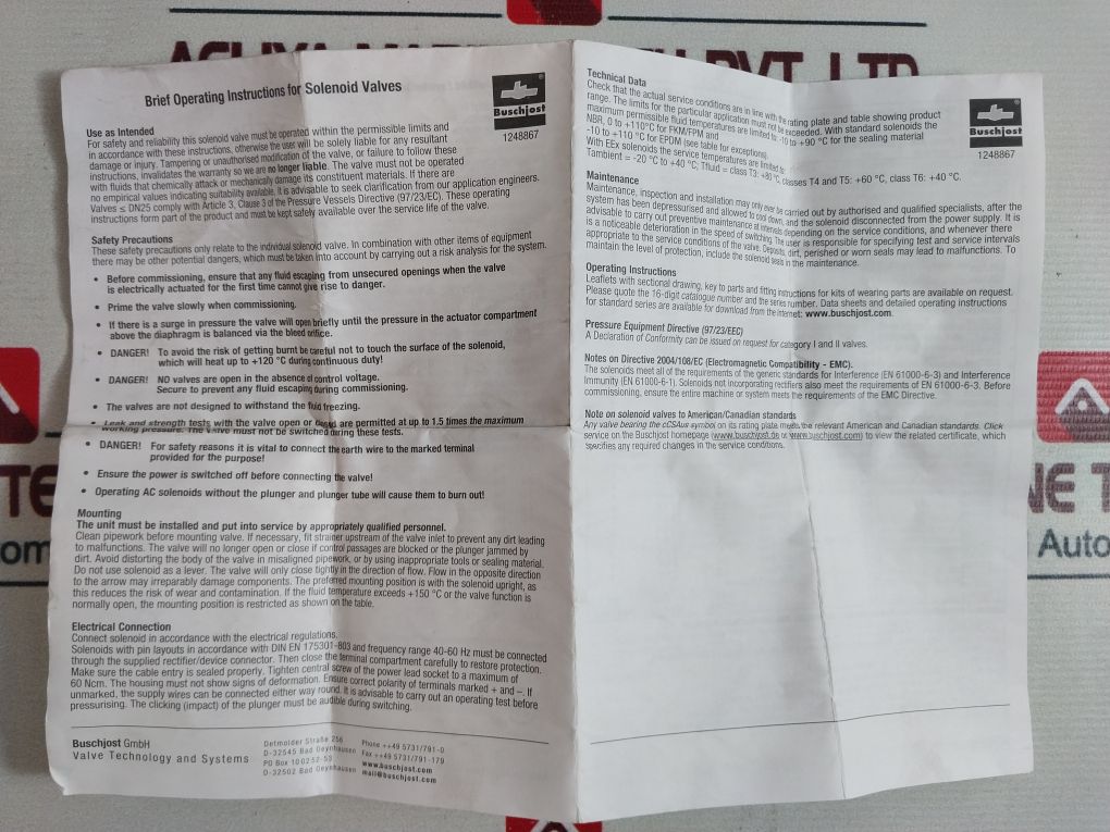 Norgren Buschjost 8240380.9100 2-way Solenoid Valve 250V Ac 10A