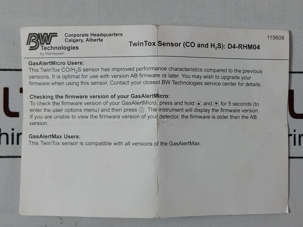 Bw Technologies D4-rhm04 Co/H2S Gas Sensor