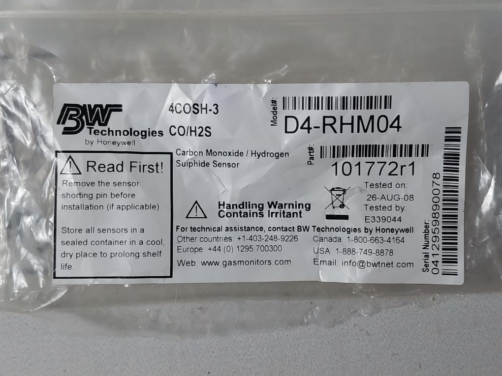 Bw Technologies D4-rhm04 Co/H2S Gas Sensor