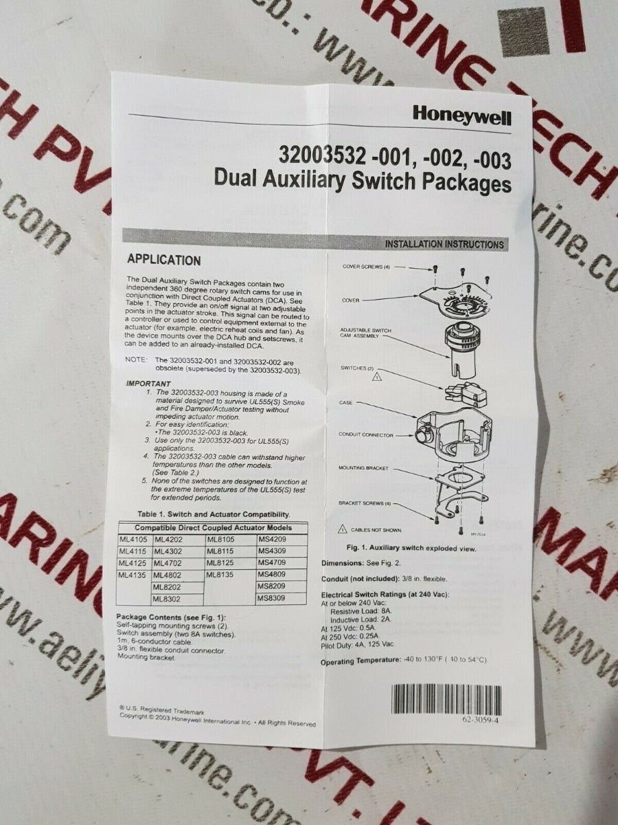 Honeywell 32003532-005 auxiliary switch package for high voltage circuits