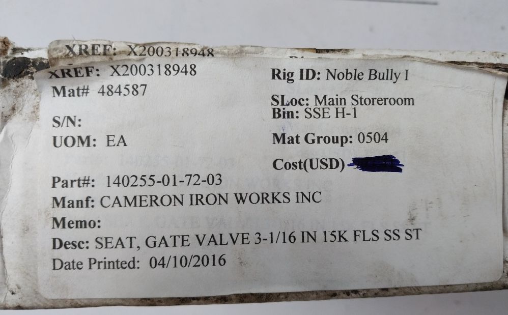 Cameron 140255-01-72-03 Seat Gate Valve Rev 02