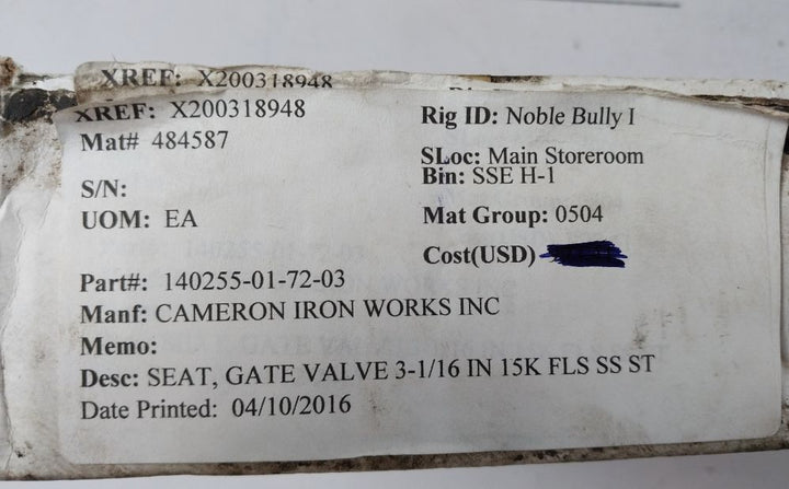 Cameron 140255-01-72-03 Seat Gate Valve Rev 02
