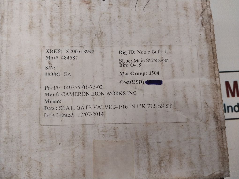 Cameron 140255-01-72-03 Seat Gate Valve