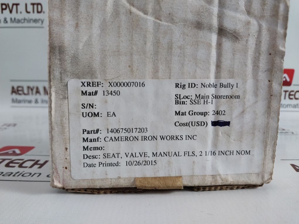 Cameron 140675-01-72-03 Rev: 02 Valve Seat Hrb 96.0