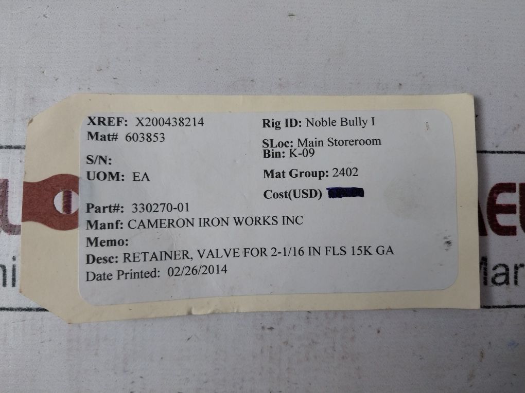 Cameron 330270-01 Retainer Plate 