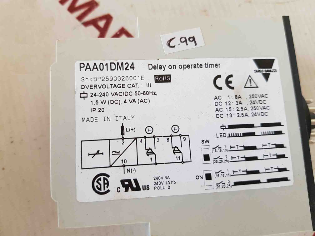 Carlo Gavazzi Paa01Dm24 Delay On Operate Timer 24-240 Vac/Dc 50-60Hz
