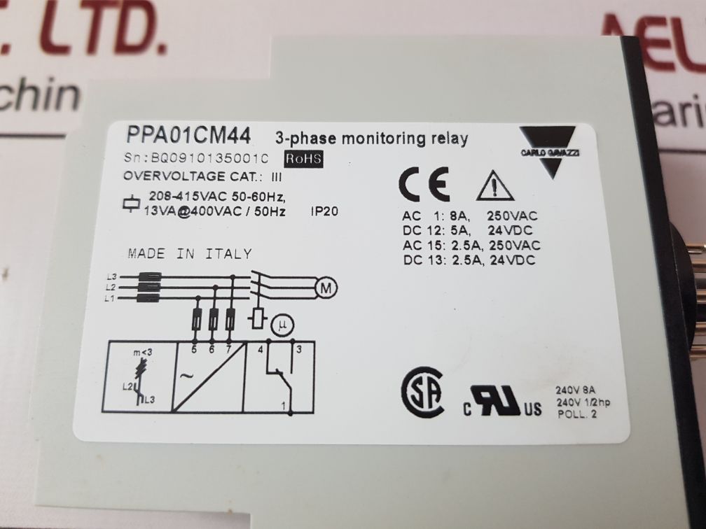 Carlo Gavazzi Ppa01Cm44 3-phase Monitoring Relay 240V 1/2Hp