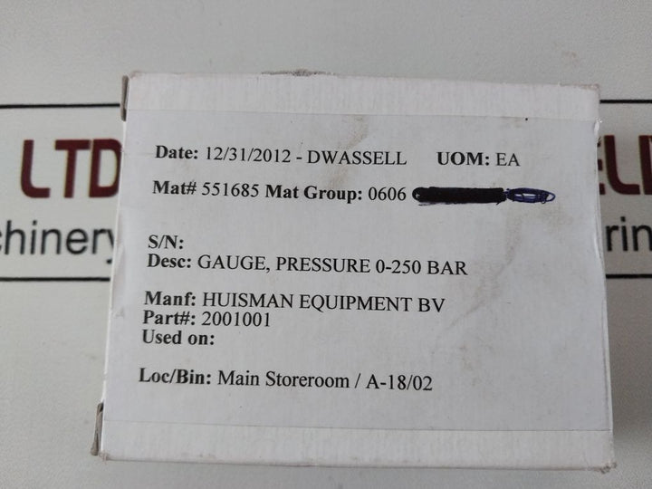 Huisman Casli En 837-1 Pressure Gauge 2001001 0-250 Bar