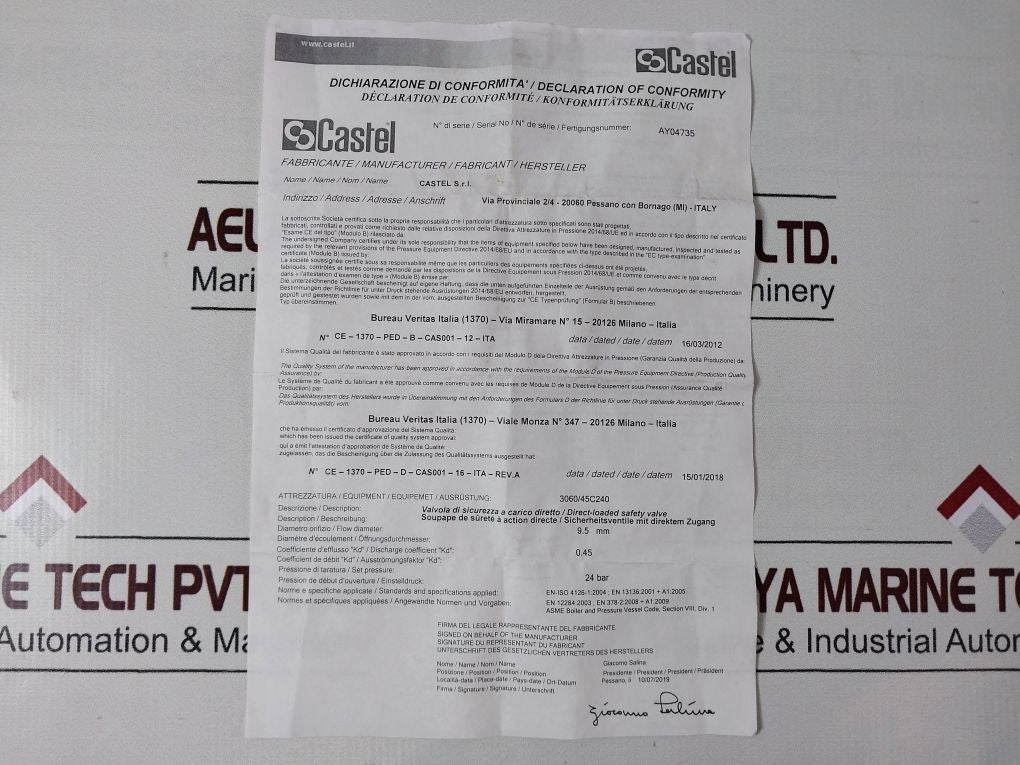 Castel 3060/45C240 Direct-loaded Safety Valve