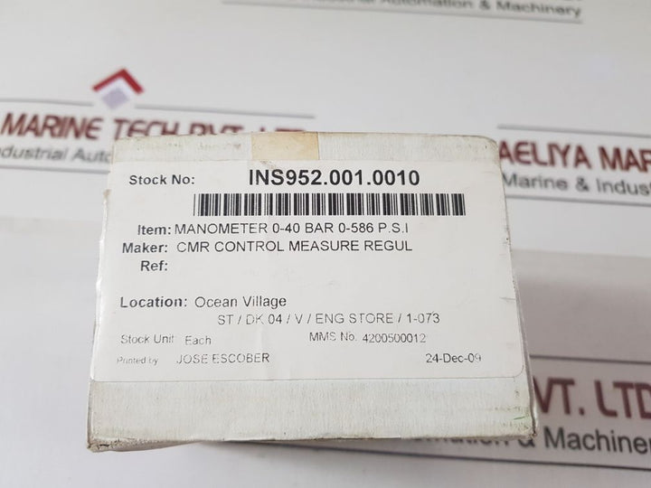Cmr Q 96 Manometer 0-40 Bar 0-586 P.S.I Bq96
