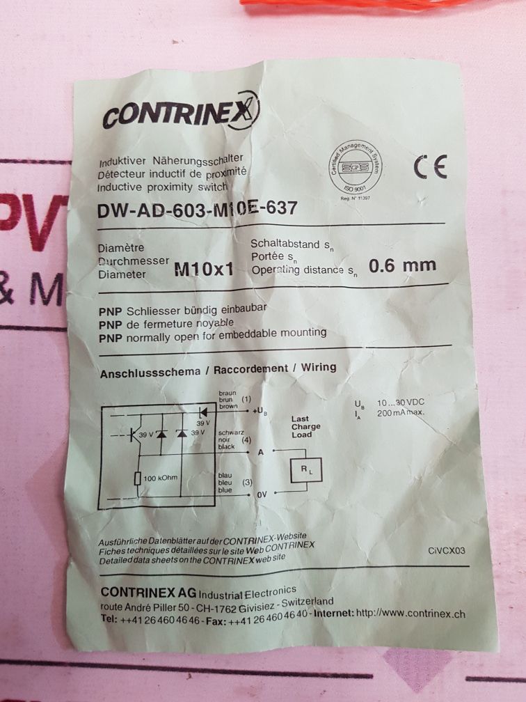 Contrinex Dw-ad-603-m10E-637 Inductive Proximity Switch Sensor