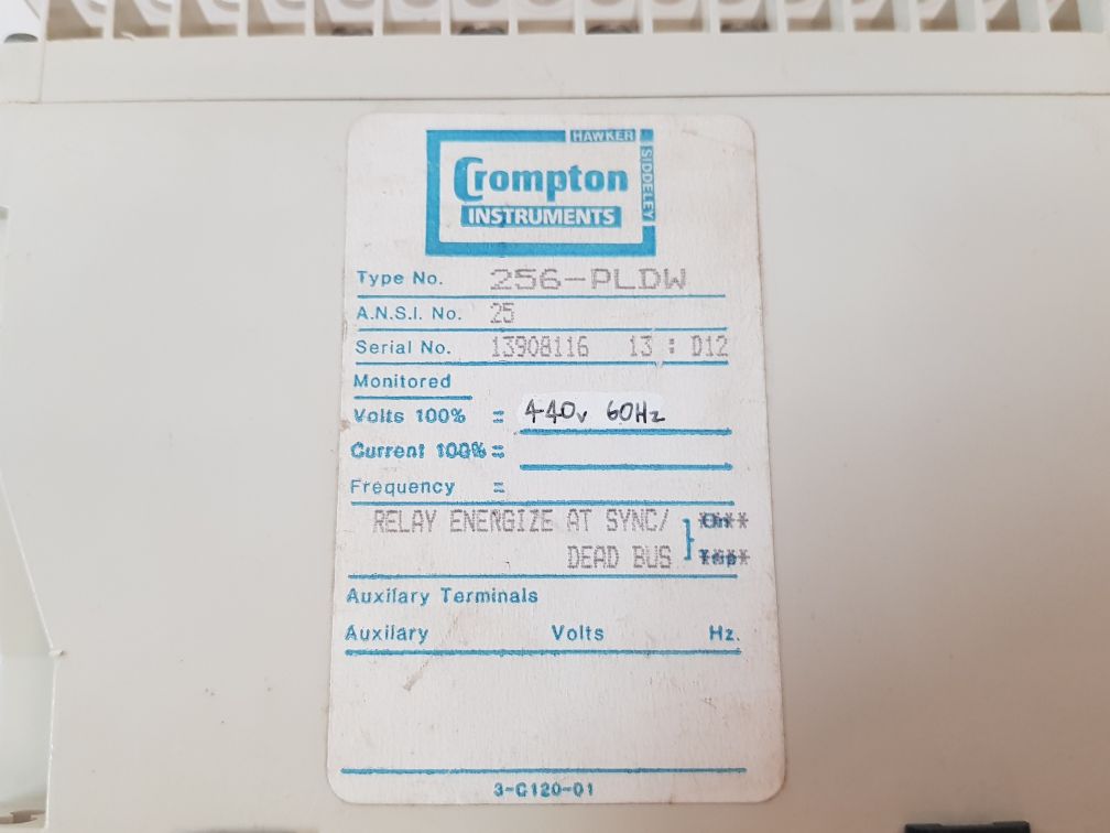 Crompton 256-pldw Protector Trip Relay 440V 60Hz