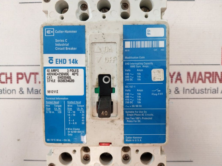 Cutler-hammer Ehd3040L 3 Poles Circuit Breaker 40 Amps