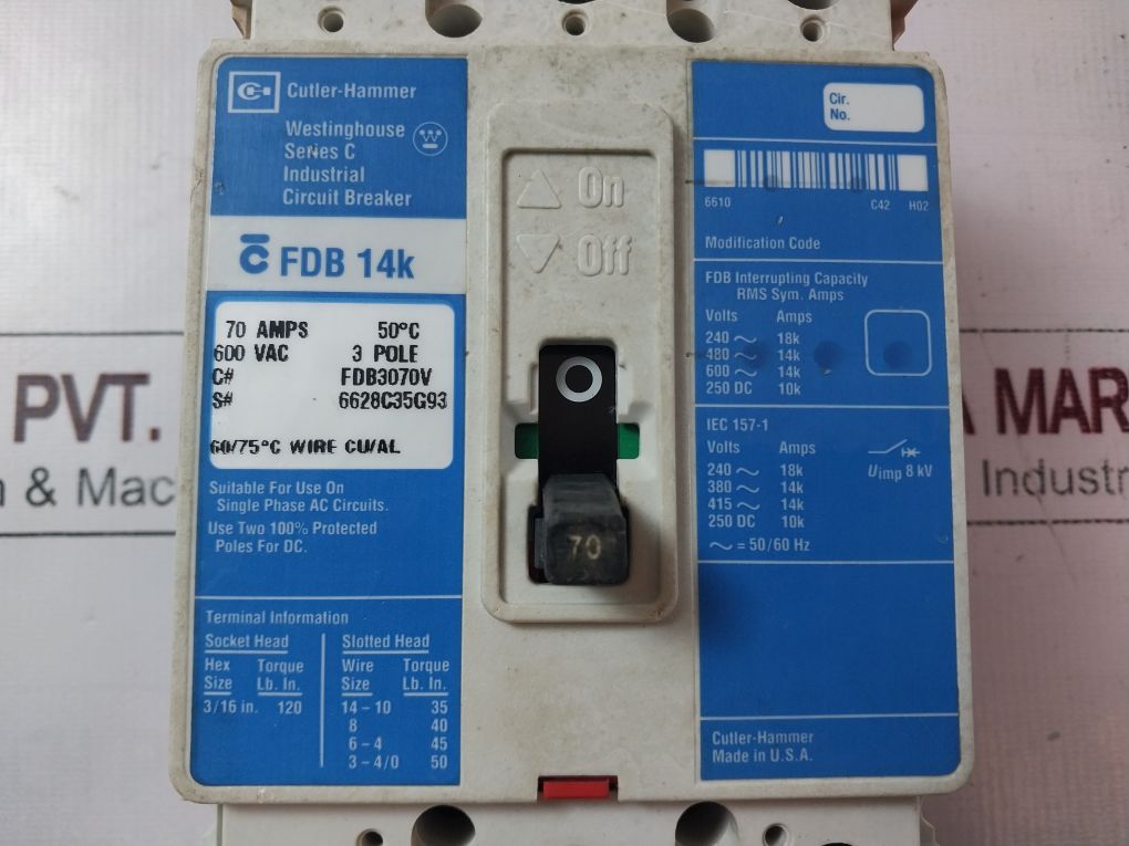 Cutler-hammer Fdb 14K 3-pole Circuit Breaker 70Amps 600Vac