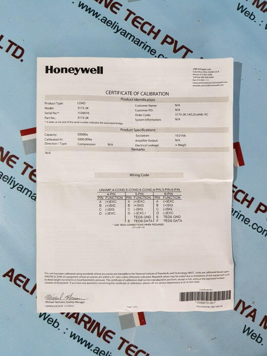 Honeywell 3173-2k sensing and control range 2000 lbs