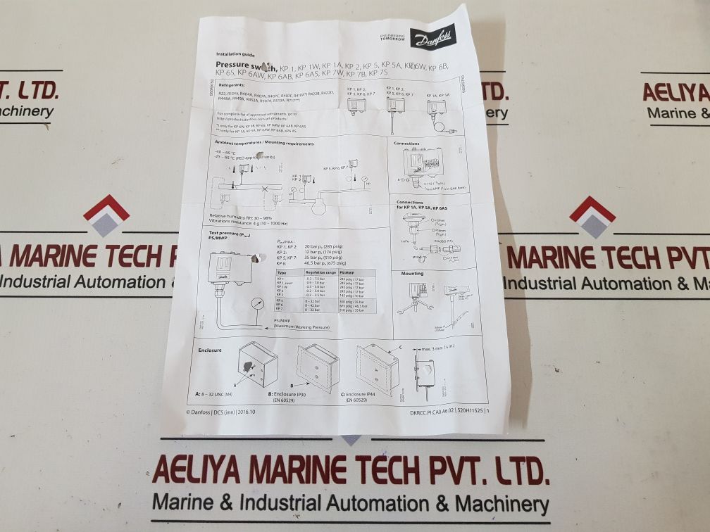 Danfoss Kp2 Pressure Switch 060-112066 Type Spdt 0.5-1.5 Bar