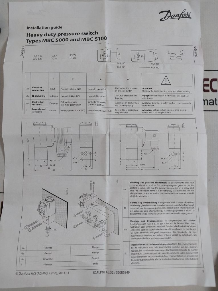 Danfoss Mbc 5100 Pressure Control Switch 1411-1Cb04