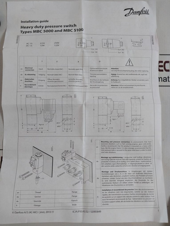 Danfoss Mbc 5100 Pressure Control Switch 1411-1Cb04