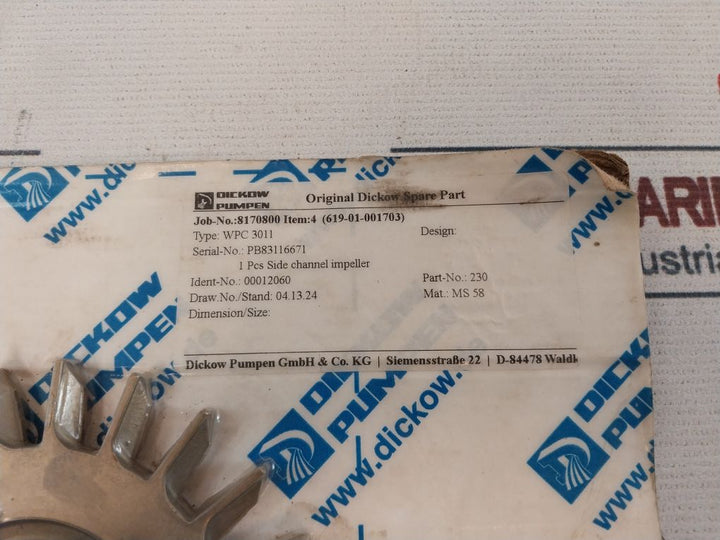 Dickow Pumpen Wpc 3011 Blade, Rotor/Side Channel Impeller
