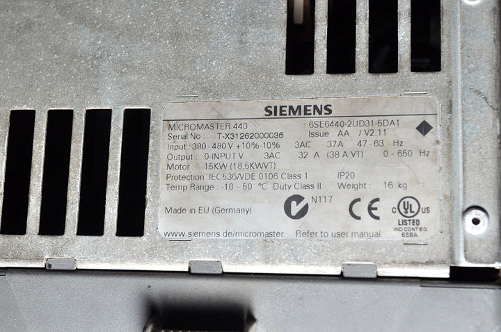 Siemens micromaster 440 6se6440-2ud31-5da1 15kw