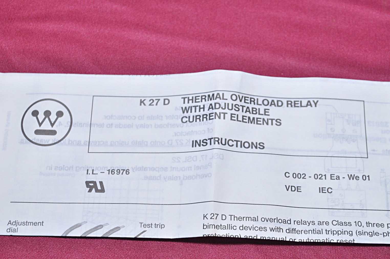 WESTINGHOUSE K 27 D THERMAL OVERLOAD RELAY