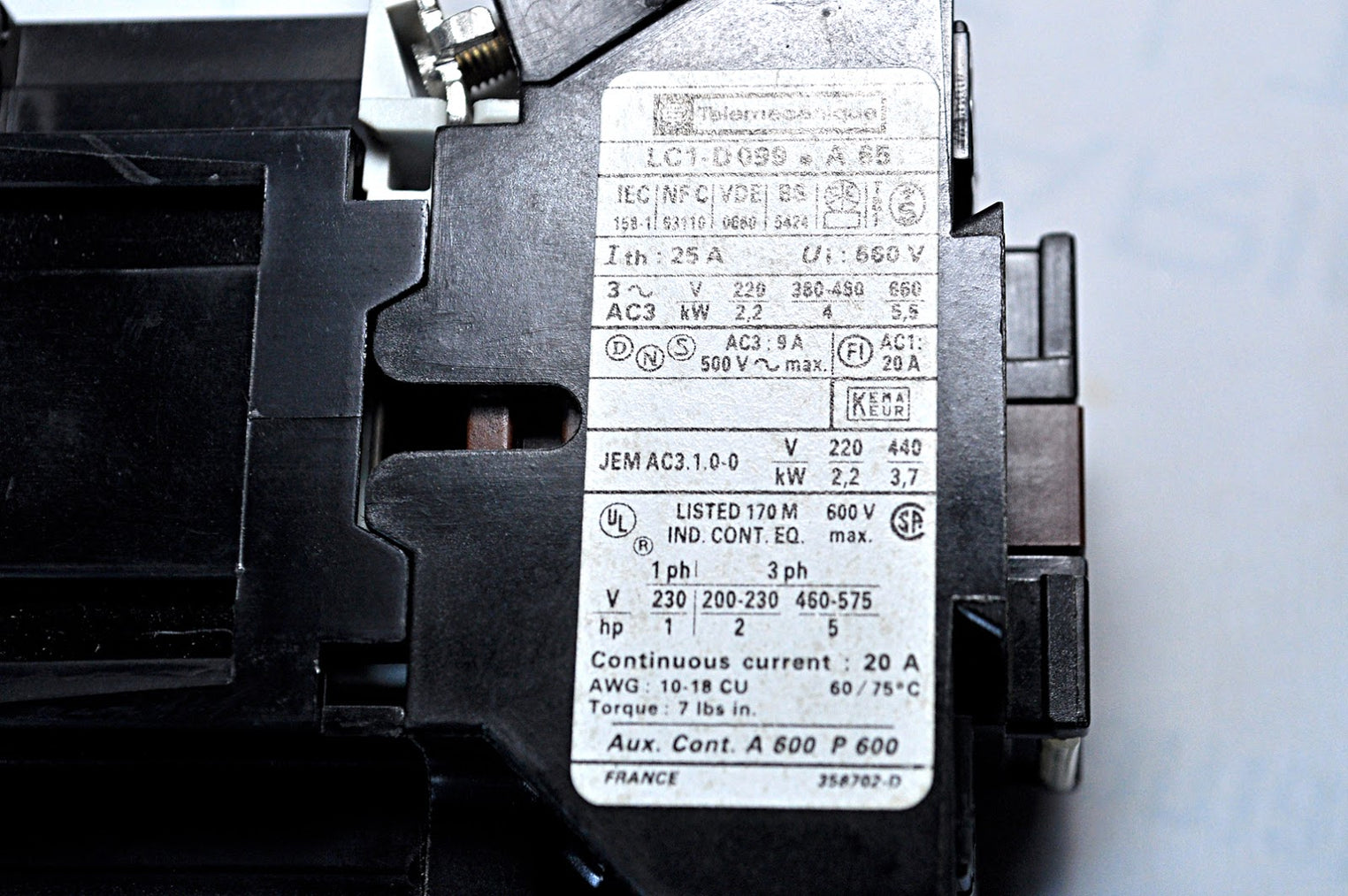 TELEMECANIQUE LC1-D099 A65 CONTACTOR