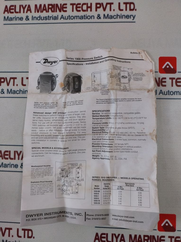 Dwyer 1911-00-wp Pressure Switch Series 1900