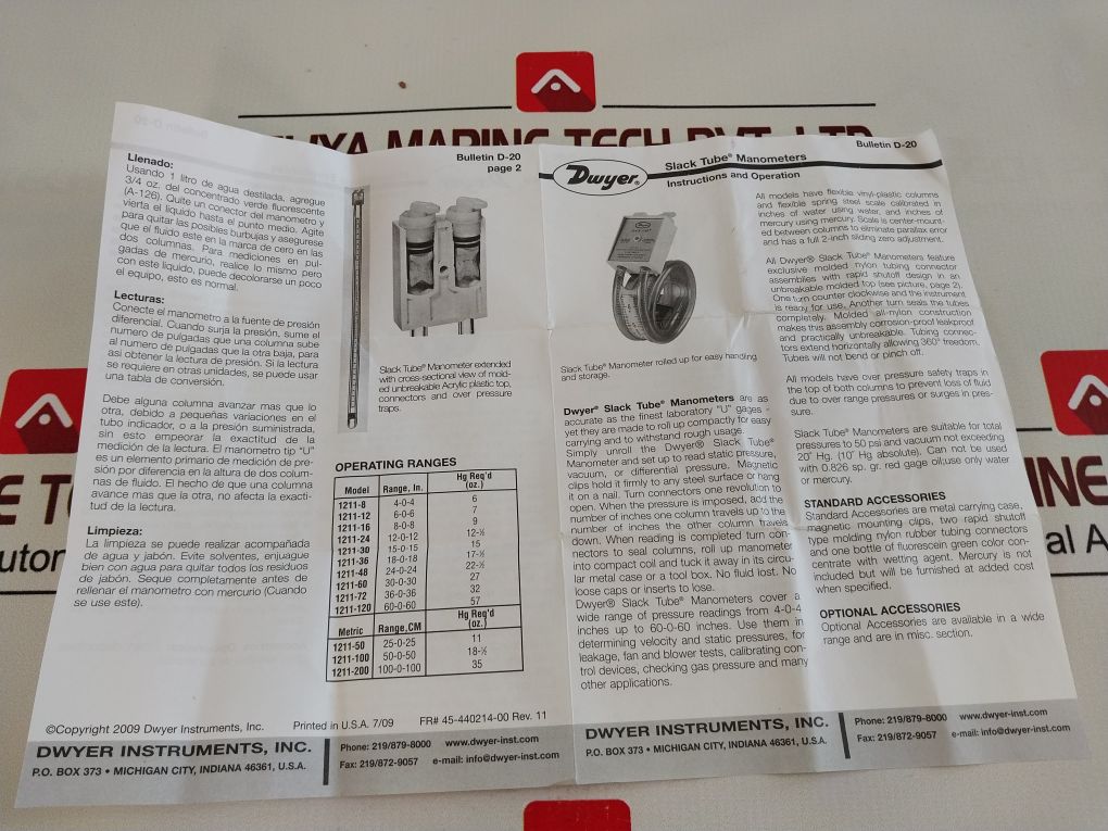 Dwyer 1211-16 Slack Tube Manometers