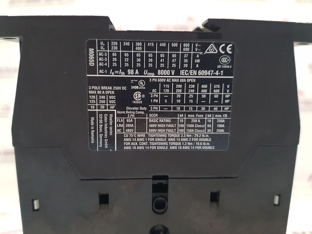 Eaton Dil M65 Magnetic 3-pole Contactor Xtce065D
