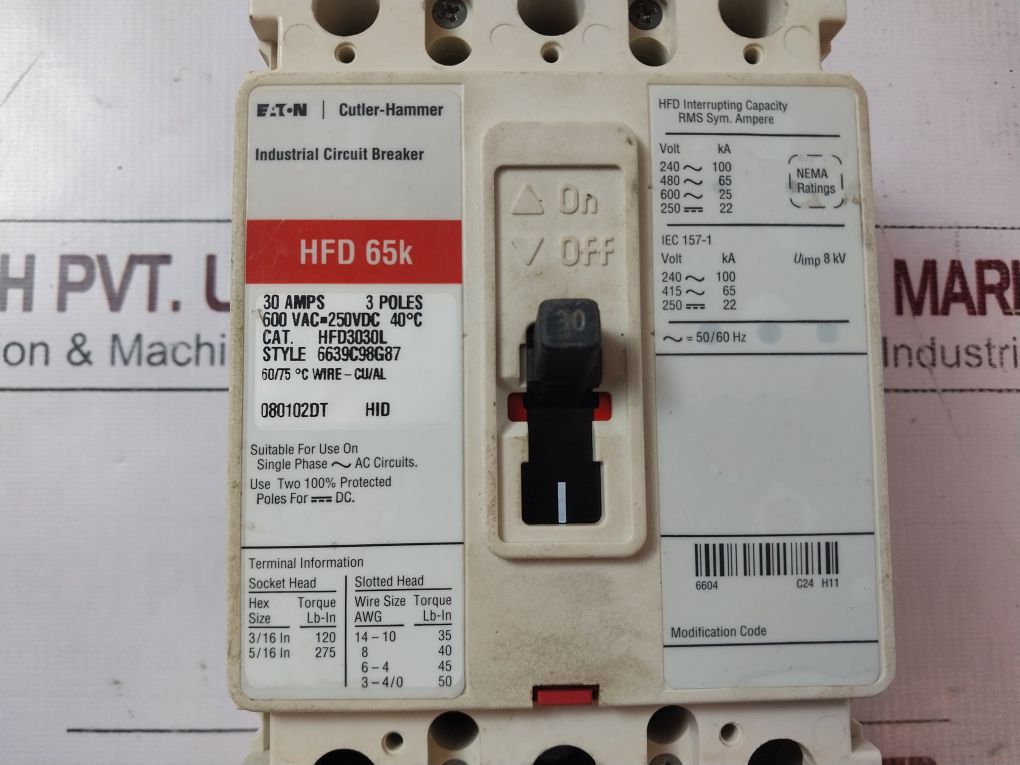 Eaton Hfd3030L 3 Pole Industrial Circuit Breaker Hfd 65K