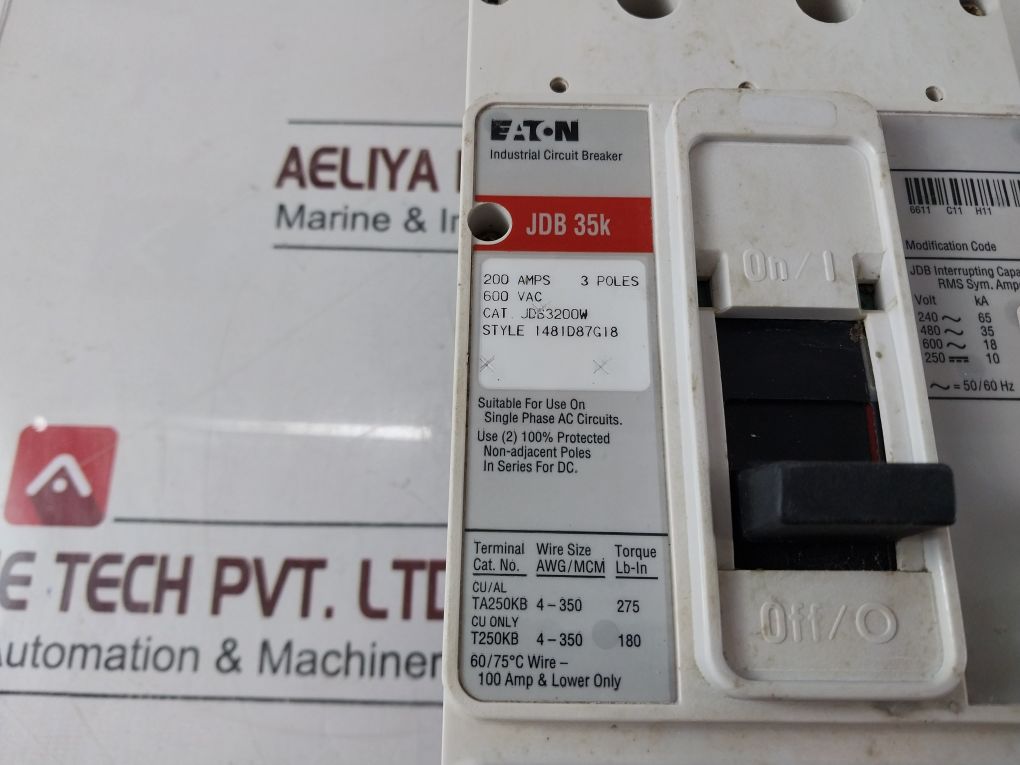 Eaton Jdb3200W 3 Poles Circuit Breaker Jdb 35K 200 Amps
