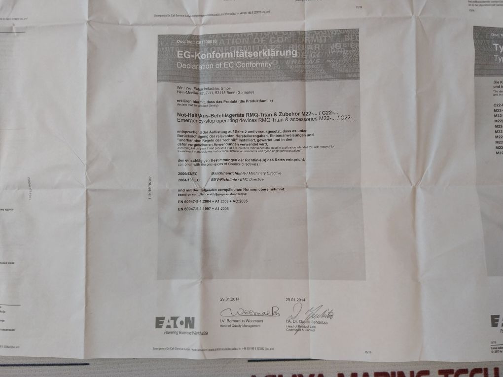 Eaton M22-pv-kc11-iyq Emergency Stop Switch