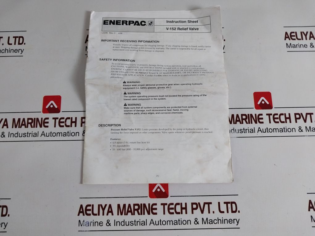 Enerpac V152 Pressure Relief Valve