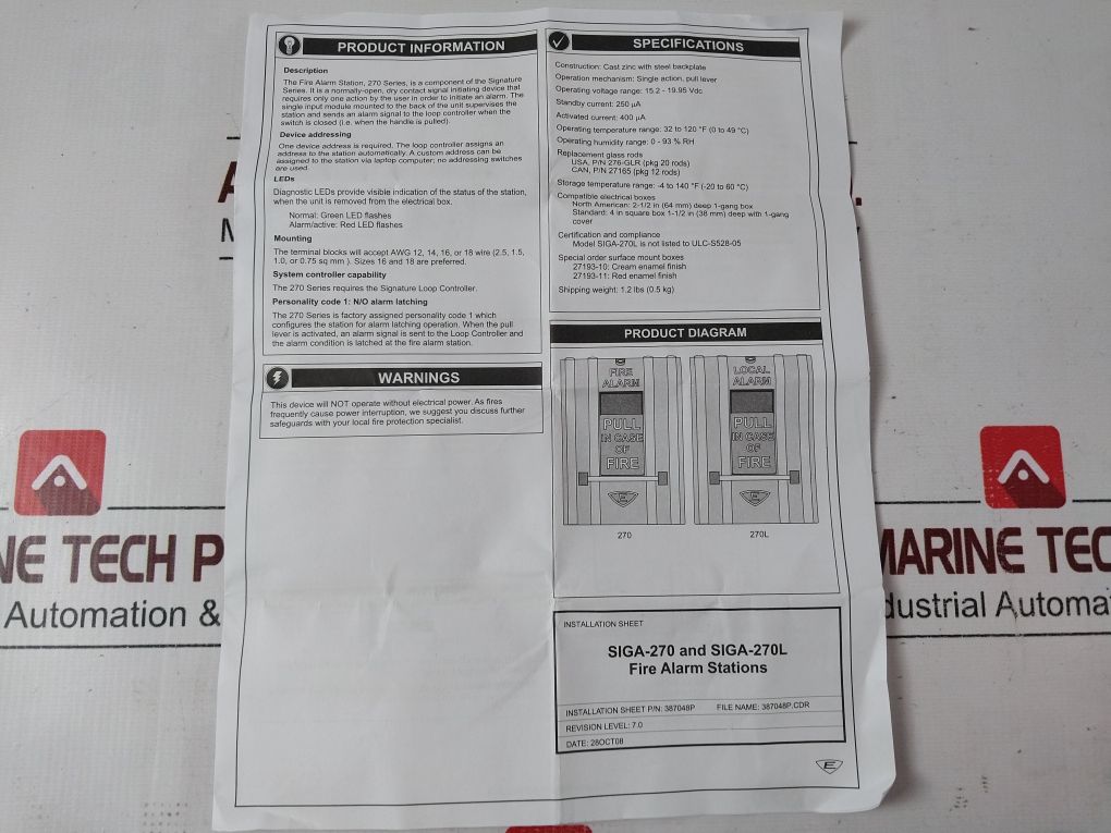Est Siga-270 Fire Alarm Pull Station Rev 7.0