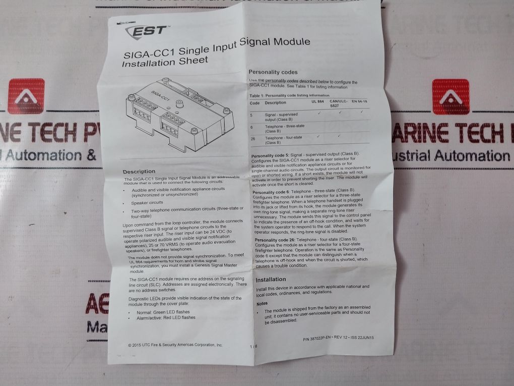 Est Siga-cc1 Fire Alarm Single Input Signal Module 387022P Rev 12